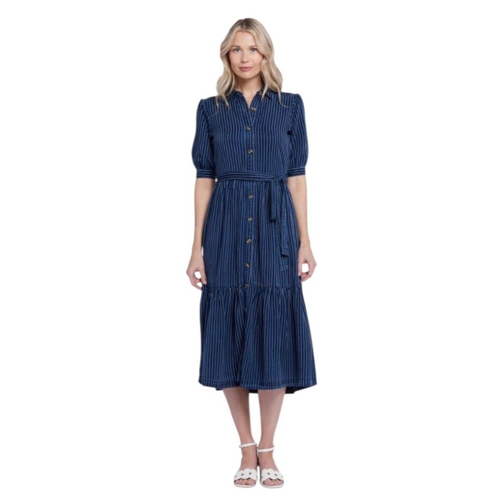 NYDJ Dark Oceam Pinstripe Button-Front Midi Kate Ruffle Dress